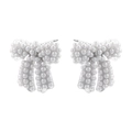 Detailed close-up of bow knot stud earrings featuring dense white faux pearl inlay on silver metal - VE1276 White Gold
