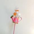 Pink metal watering can garden stake with dragonfly and colorful floral accents - Small Magenta Watering Can Dragonfly