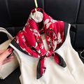 Elegant red rose print silk scarf with black and white accents on white dress - Silk Scarf 81 / 65