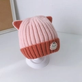 Pink and brick red knitted baby hat with cute cat ears and a cartoon clock patch - 6 Months - 3 Years (33-52cm) / Pink (Contrast Cat)