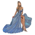 Elegante vestido de noche con lentejuelas azules, cuello descubierto y abertura alta - S / Azul claro