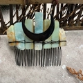 Detail of amethyst hair comb with black crescent moon and raw natural stones for weddings - Amazon Stone Black Moon