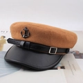 Camel woolen newsboy cap with black leather visor and metal anchor button accent - One Size 58cm / Camel Bound Leather Edge Style