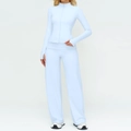 Light blue three-piece yoga set with thumb hole zip jacket and wide leg pants - S / Top And Bottom / Phantom Blue