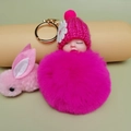 Cute plush sleeping baby doll keychain with rose red faux fur pompom and gold metal ring - Rose Red