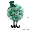 Saint Patrick's Day door wreath with green clover, gnome legs and Happy St. Patrick's Day sign - Faceless Doll Wreath