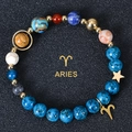 Solar system galaxy bead bracelet with 8mm natural blue stones and Aries zodiac pendant - Aries