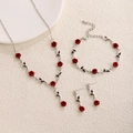 Vintage red rose jewelry set with necklace bracelet and earrings on beige texture - Necklace Bracelet And Earrings Set (E1836-1) / Silver/Red