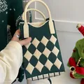 Knitted handbag with vintage dark green and cream argyle pattern and sturdy handles - Rhombus Pattern Dark Green
