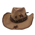 Retro straw western cowboy hat with brown leather band and bronze bull head ornament - One Size (Gradient Star) / Camel with Windproof Rope (Bronze Bull)