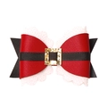 Red Santa suit hair bow with gold glitter buckle and white wavy lace trim - Christmas Leather Bow