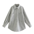 Close-up of grey wool shacket showing large utility pockets and thick fabric texture - XS / Light Gray