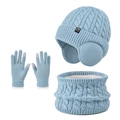 Light blue kids winter knit set with fleece lining, earflap hat, scarf, and touch gloves - 3-Piece Set - Solid Light Green