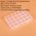 Macro detail of a 24-compartment clear plastic storage box with high slots and size specs - 1.9 High Slot 24-Compartment (19x13.1x1.9cm)