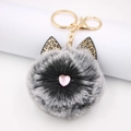Close-up of leopard ear plush cat head keychain with heart nose and gold lobster clasp - Two-tone Black