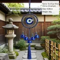 Turkish Evil Eye wind chime with blue glass nazar beads, metal bells, and silk tassel - Small Disc Evil Eye Style (1055-Small Eye)