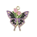 Enamel butterfly charm with purple and black wings featuring pink tulip flower design - Purple Tulip Butterfly Pendant (18109) / 1 Piece (23x25mm)