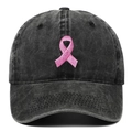 Casquette en coton délavé noir avec broderie ruban rose pour sensibilisation devant - Réglable / Noir