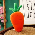 Cute orange plush carrot toy with green leaves on a cozy rustic woven mat - Carrot