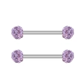Macro view of silver stainless steel barbell body jewelry with lavender crystal balls - Purple Ball Style (1996 Purple)