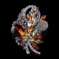 Baroque floral brooch with champagne and orange crystals on a black reflective base - Style 13 (Deep Brown Orange Champagne)