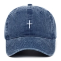 Cappellino da baseball in denim lavato blu navy con croce ricamata bianca stile vintage - Blu Notte
