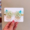 Traditional Chinese flower hair clips in light green with pearl tassels and gold metal clip - Delicate Green Blue Clips