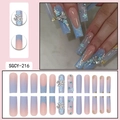 Blue gradient press-on nails with 3D bows, floral accents and sparkling rhinestones - SGCY-216 Blue Nude Gradient 3D Bow Flower Style