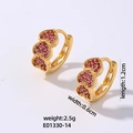Gold hoop earrings with three micro-paved red zircon hearts in a row for women - Gold Base Rose Red Zircon