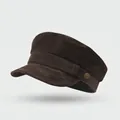 Deep coffee vintage newsboy cap made of soft foldable PU suede with metal button detail - One Size / Suede Flat Top Hat-Coffee