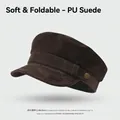 Deep coffee vintage newsboy cap made of soft foldable PU suede with metal button detail - One Size / Suede Flat Top Hat-Coffee