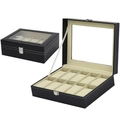 Porta orologi in pelle PU nera con 10 scomparti, coperchio in vetro e interno in velluto - 10 Posti / Nero/Interno Beige
