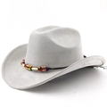 Detail of light gray suede cowboy hat featuring colorful ethnic beads on the hatband - M (56-58cm) / Light Gray
