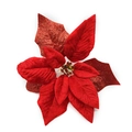 Sparkling red velvet poinsettia Christmas flower decoration with glitter petals - 25cm / Red