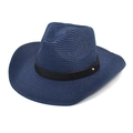 Dunkelblauer Strohhut in Fedora-Form mit schwarzem Lederband und goldener Niete - M(56-58cm) / Marineblau
