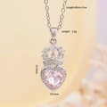 Pink heart crystal pendant necklace with crown detail and silver-tone chain - Heart Crown Silver 397