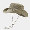 Detailansicht von khakifarbenem Baumwoll-Sonnenhut mit Druckknöpfen und Kordelzug - Einheitsgröße / Hellbeige