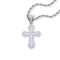 Hip hop silver cross pendant necklace with clear cubic zirconia on twisted rope chain - White Stone (With 61cm Chain)