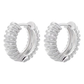 Macro detail of textured silver hoop earrings with spiral ribs and beaded edge accents - VE972 White Gold Threaded Round 1 Pair