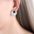 Vintage silver finish earring with a centered black onyx stone and textured radial grooves - Black Imitation Pearl (Silver Tone)