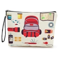 Off-white canvas makeup bag with colorful outdoor camping tools print and black handle - Hiking Travel Theme 4 (With Wristlet)