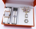 Square rose gold quartz watch with Roman numerals and matching jewelry set in a gift box - White Zirconia Set