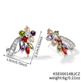 Detailed view of floral stud earrings with multi-color zircon stones and size dimensions - Multicolor Silver Style (KSE00014BJCZ)