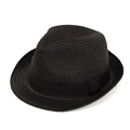 Detail of the woven texture and black ribbon bow on this stylish summer straw fedora hat - Black