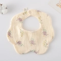 Floral print muslin cotton baby bib in cream with purple flowers and snap closure - Gauze Flower Wrap - Wisteria