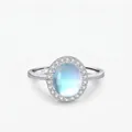 Anello elegante in argento S925 con grande pietra di luna ovale da 2ct e cristalli halo - Taglia US 5 / Argento sterling 925