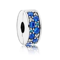 Silver bead charm with blue and white zircon stones for personalized bracelets - 032-Stopper (Silver Cylindrical Blue White Stone)