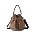 Brown nylon drawstring bucket bag with adjustable black shoulder strap and front pocket - One Size / Brown