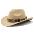 Vintage khaki wool western cowboy hat with ethnic beaded band for men and women - M (56-58cm) Adjustable / Camel