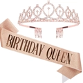 Rose gold birthday party kit with rhinestone crown and glitter Birthday Queen sash - Set 2 (Rose Gold Birthday Queen)